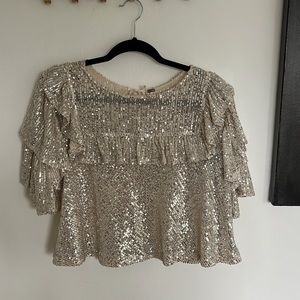 Free People Solid Sequin Tiered Ruffle Crop Top